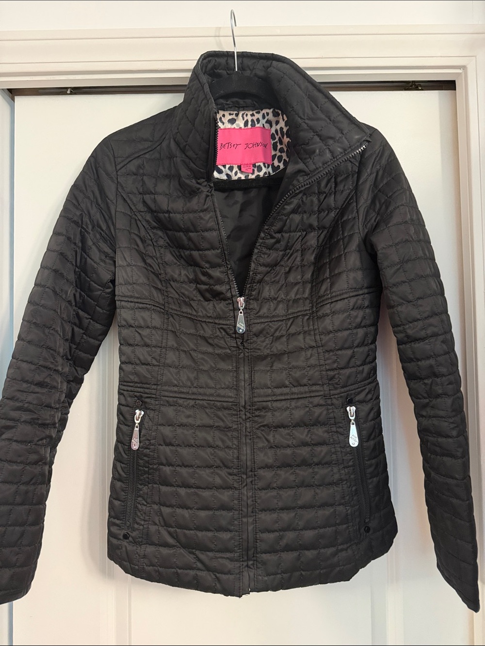 Betsey Johnson Black Quilted Packable Puffer Jacket with Leopard Trim Size XS
